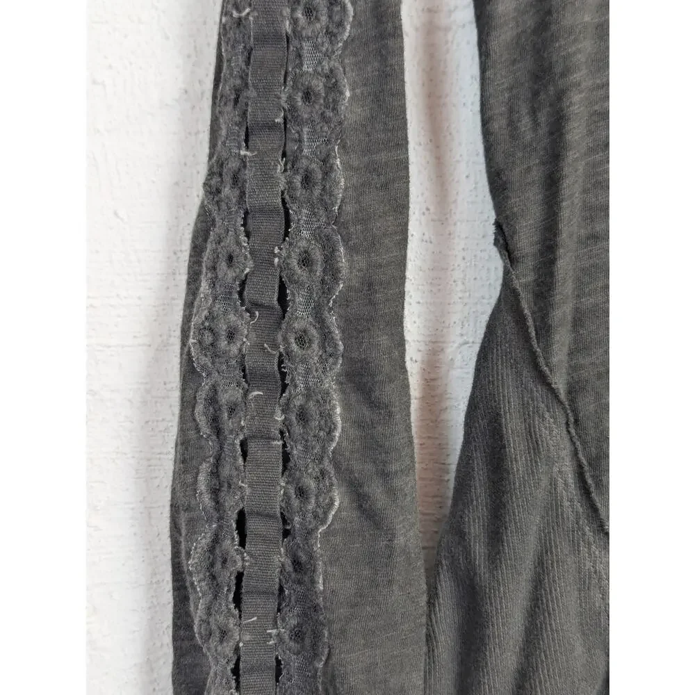 Free People Ribbon and Lace Henley Shirt Washed Black Grunge Boho Womens Large